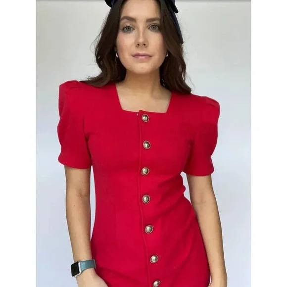 All that Jazz Vintage Red Holiday Mini Dress Gold Buttons - Size Medium - Picture 3 of 10